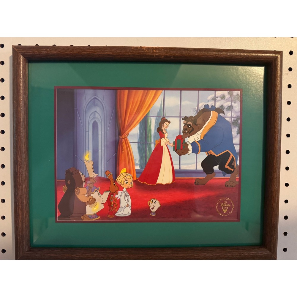 VTG 90s Disney Beauty and the Beast Enchanted Christmas Framed Lithograph